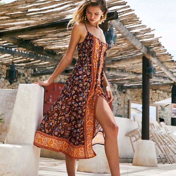 Gypsy Boho Floral Button Up Midi Dress Black Orang - Picture 7 of 9